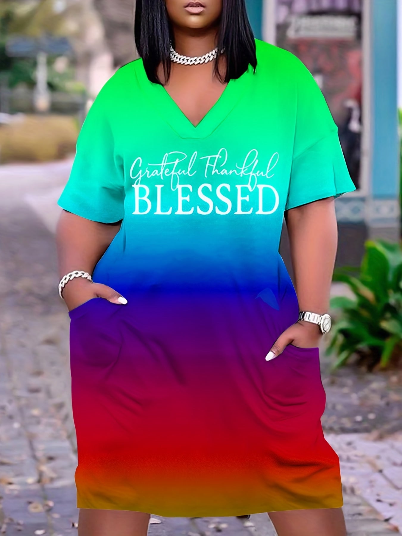 Women's Ombre & Letter Print V Neck Dress With Pockets