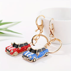 Striped Mini Car Keychain with Diamond Decoration Pendant