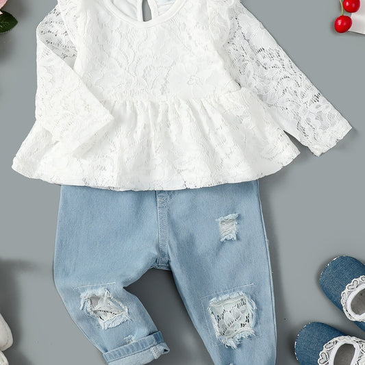 Girls Lace Fly Sleeve Top & Ripped Denim Jeans Set