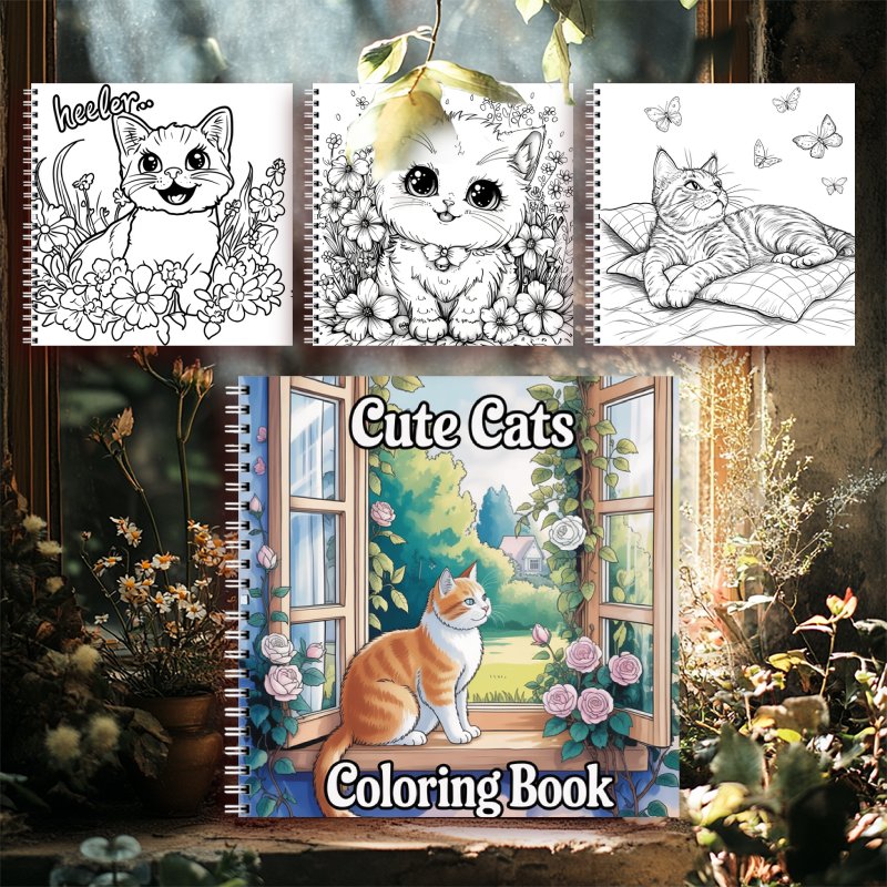 Spiral Coil Cat Coloring Book 22 Pages Thick Paper Adult Anxiety Relief Activity