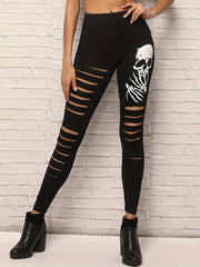 Skull Print Ripped High Waist Leggings