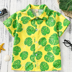 Boys Leaves Print Short Sleeves Shirt for Vacation Beach
