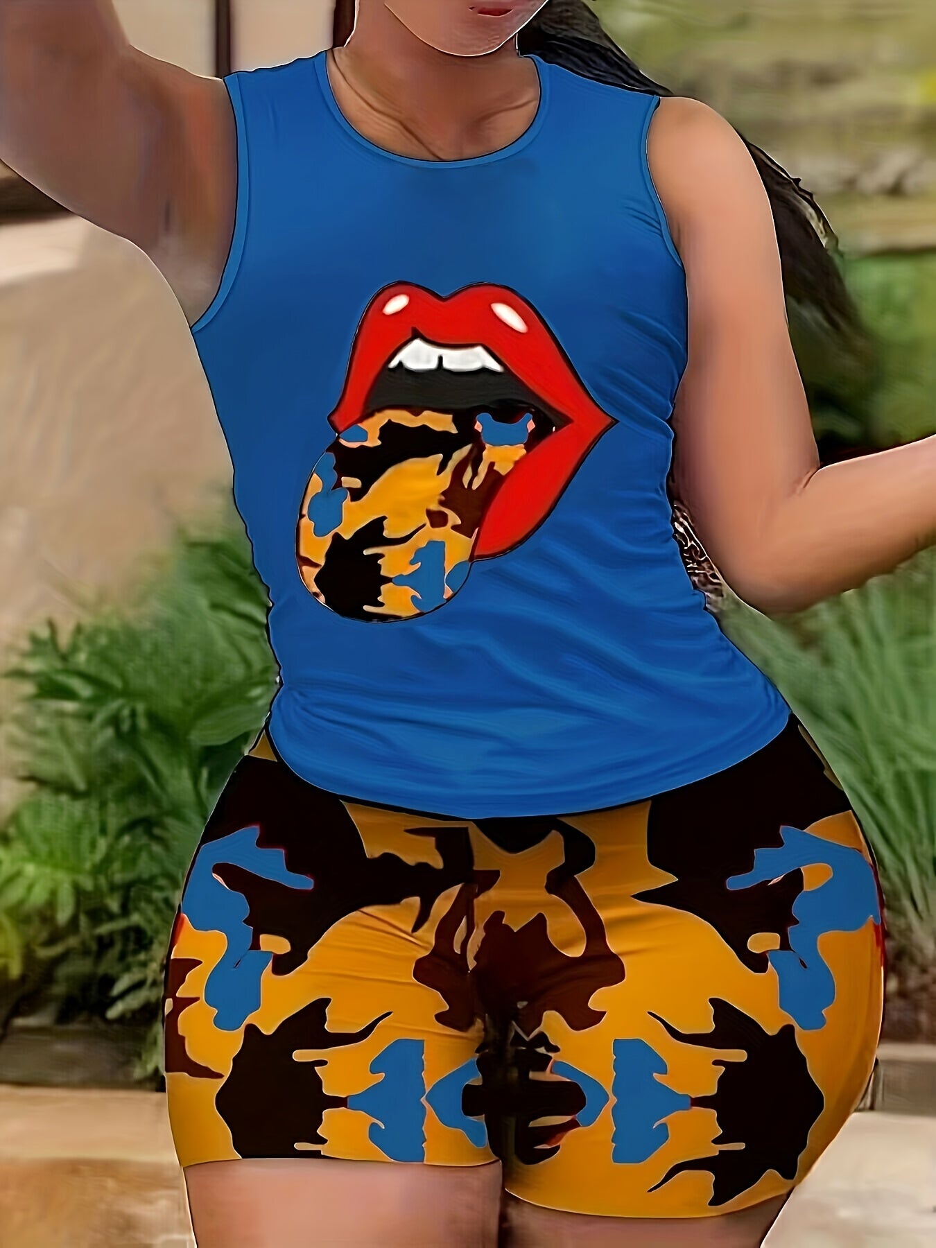 Lips Print Tank Top & Abstract Print Slim Shorts Set