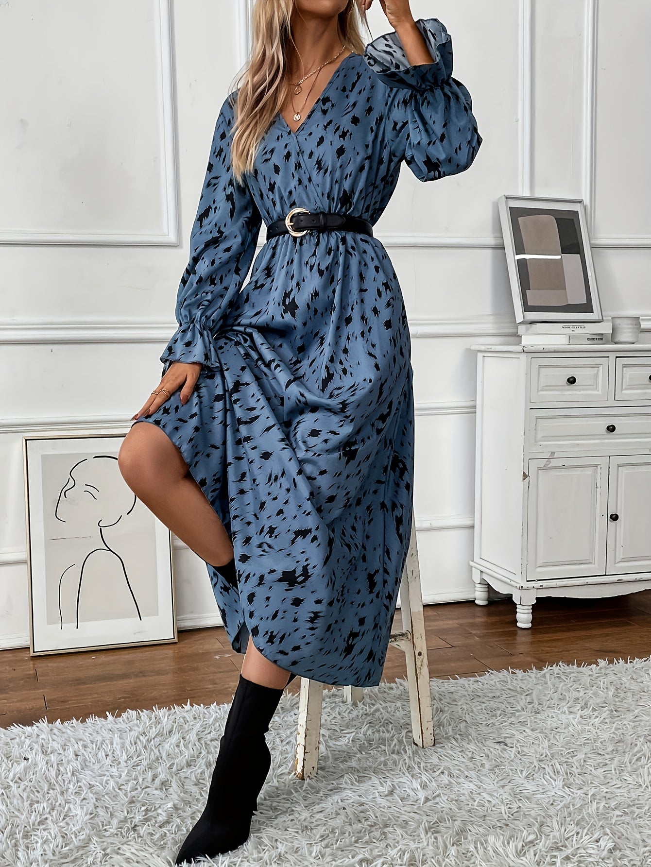 Leopard Print Lantern Sleeve Maxi Dress