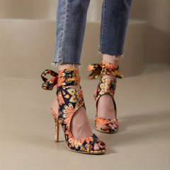 Peacock Print High Heels Slingback Stiletto Sandals