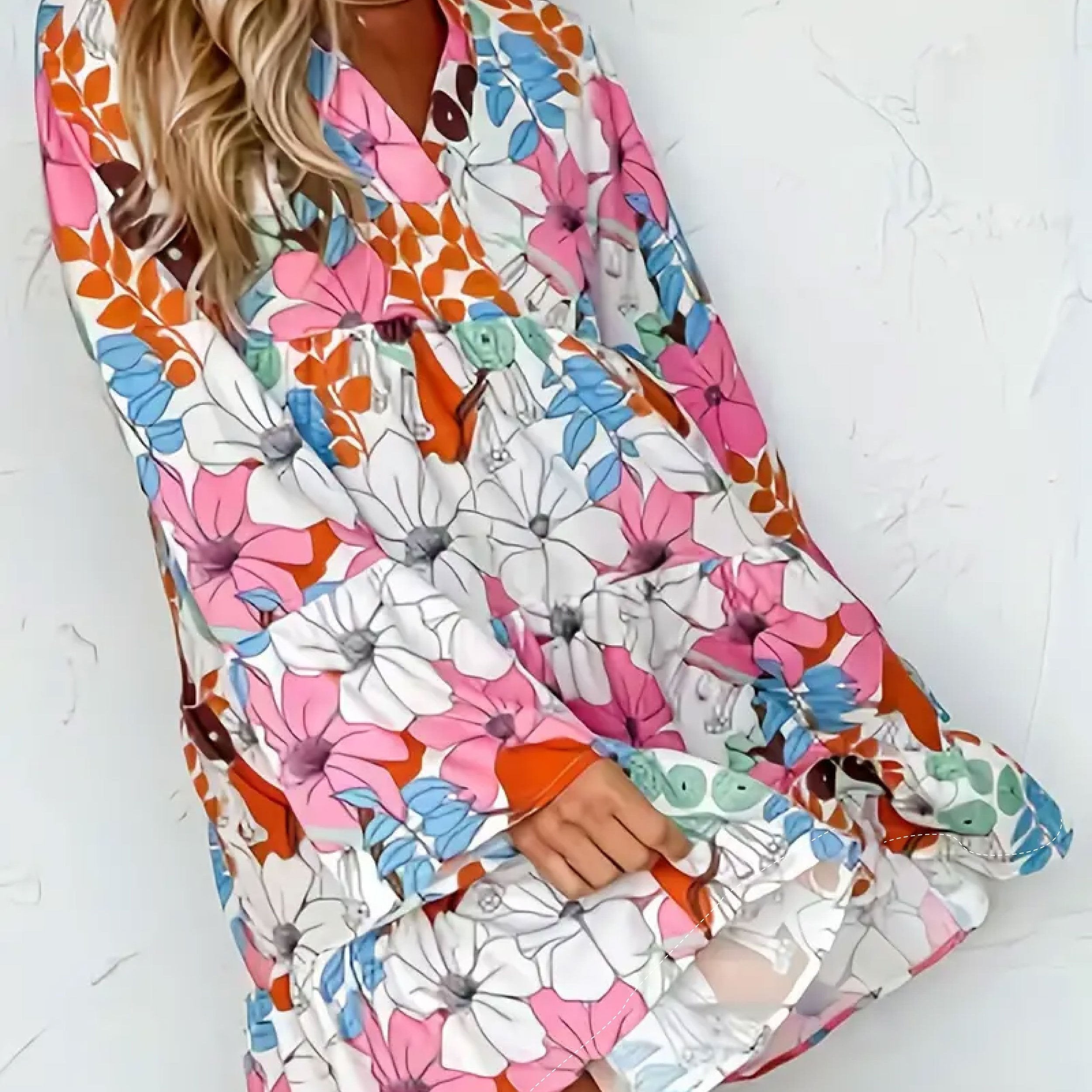 Womens Floral Print Bell Sleeve V Neck Smock Dress