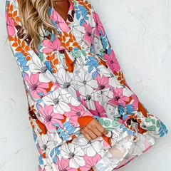 Womens Floral Print Bell Sleeve V Neck Smock Dress