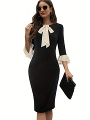 Tie Neck Ruffle Trim Midi Dress 3 4 Sleeve