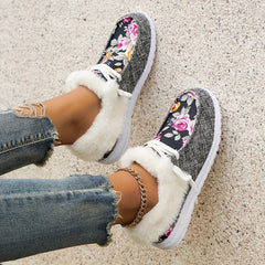 Floral Print Warm Sneakers Lightweight Casual Flat Walking Shoes