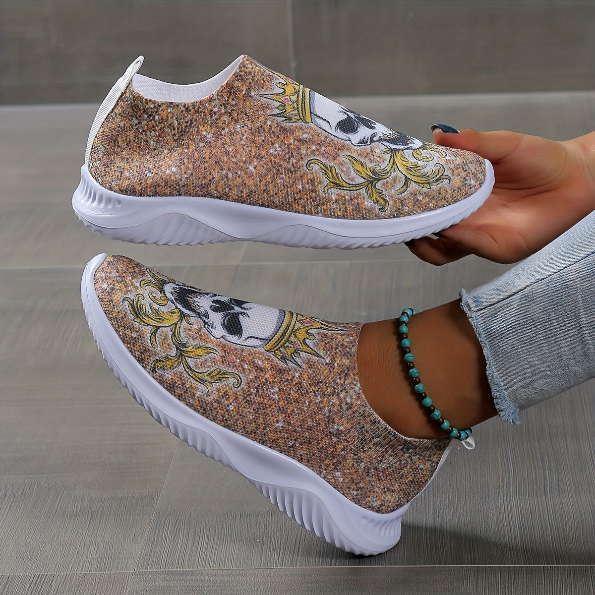 Women's Skull Pattern Sneakers Low Round Toe Non slip Flatform Lightweight Shoes