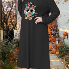 Owl Print Long Sleeve Lounge Dress