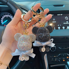 Rhinestone Big Bear Keychain with Bow Cartoon Keychain for Women