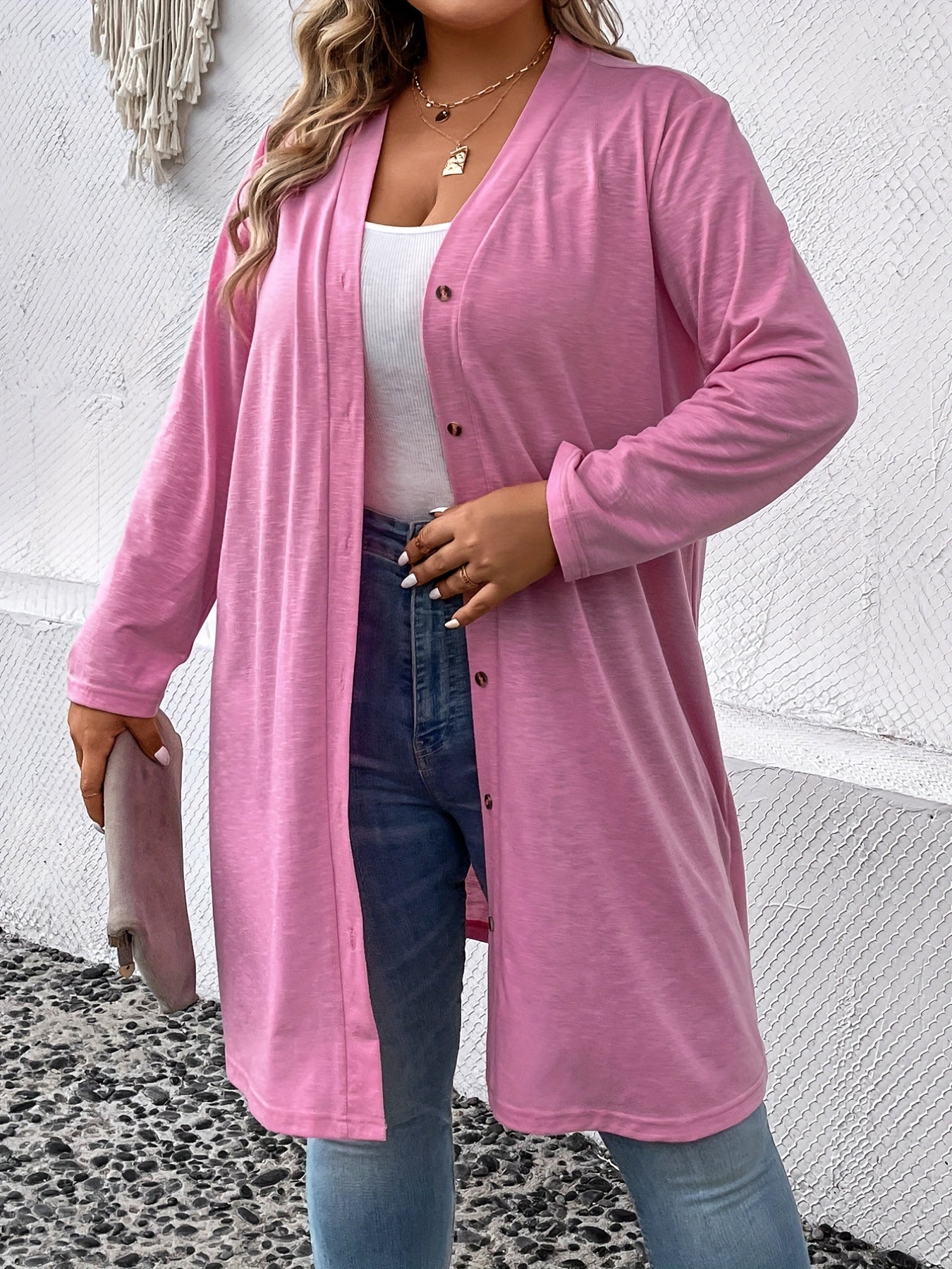 Women's Plus Solid Button Up Long Sleeve Cardigan