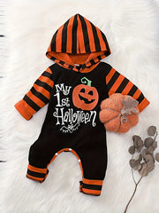 Cute Pumpkin Print Hooded Jumpsuit for Newborns
