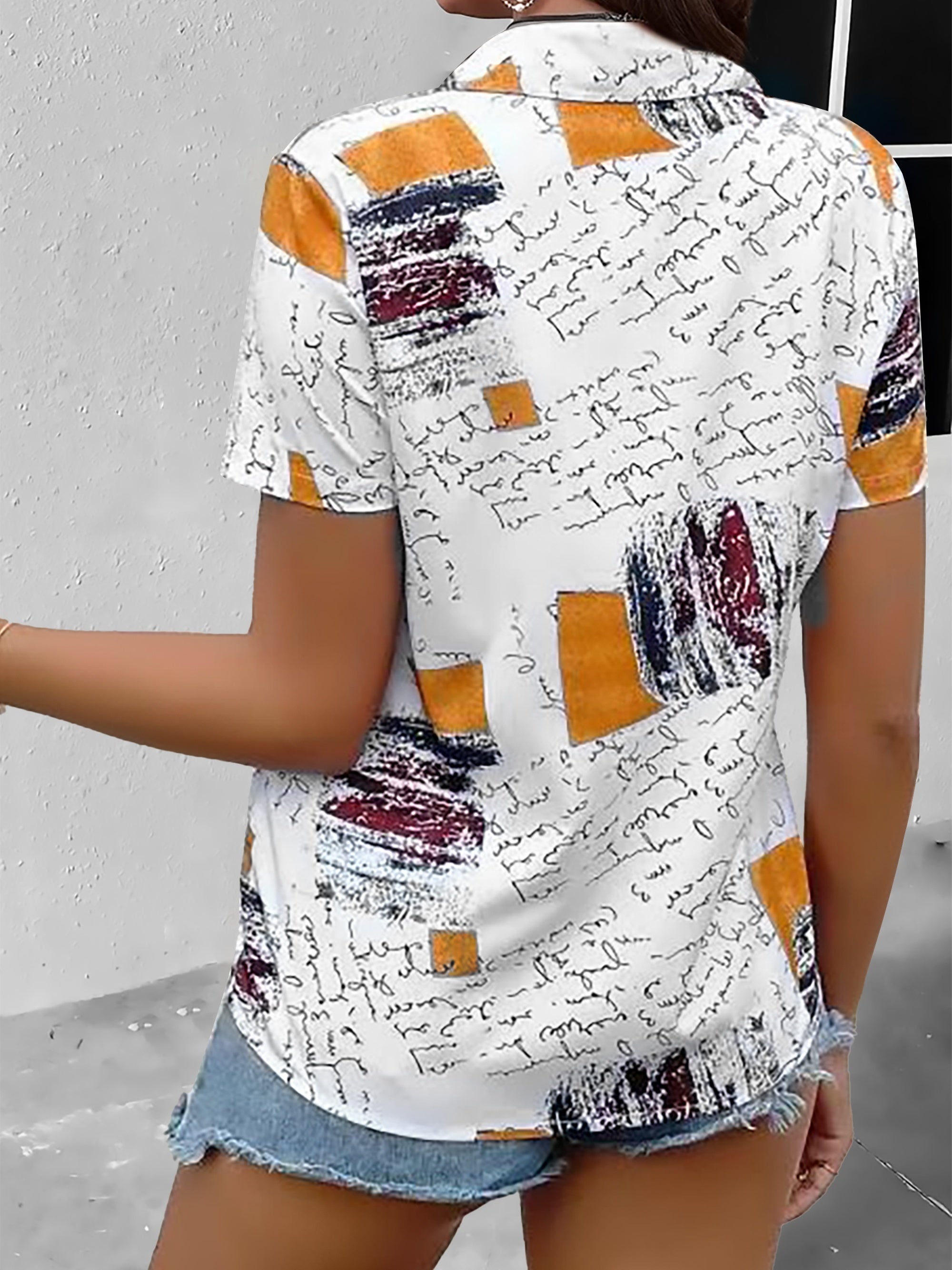 Women's Plus Size Geo & Art Letter Print Short Sleeve Blouse