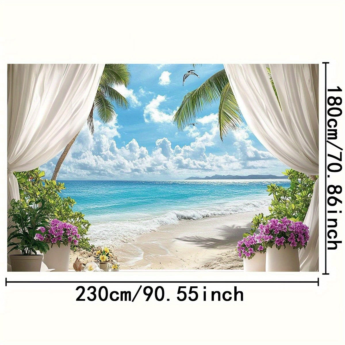 Tropical Beach Scene Backdrop with Palm Trees and Vibrant Flowers