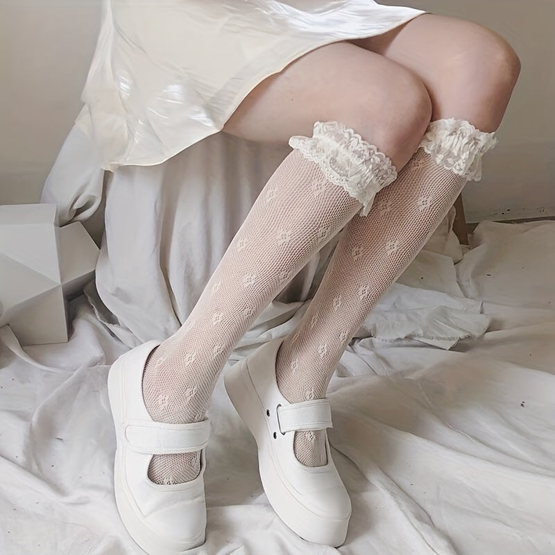 Floral Calf Socks Lolita Ruffle Knee High Stockings