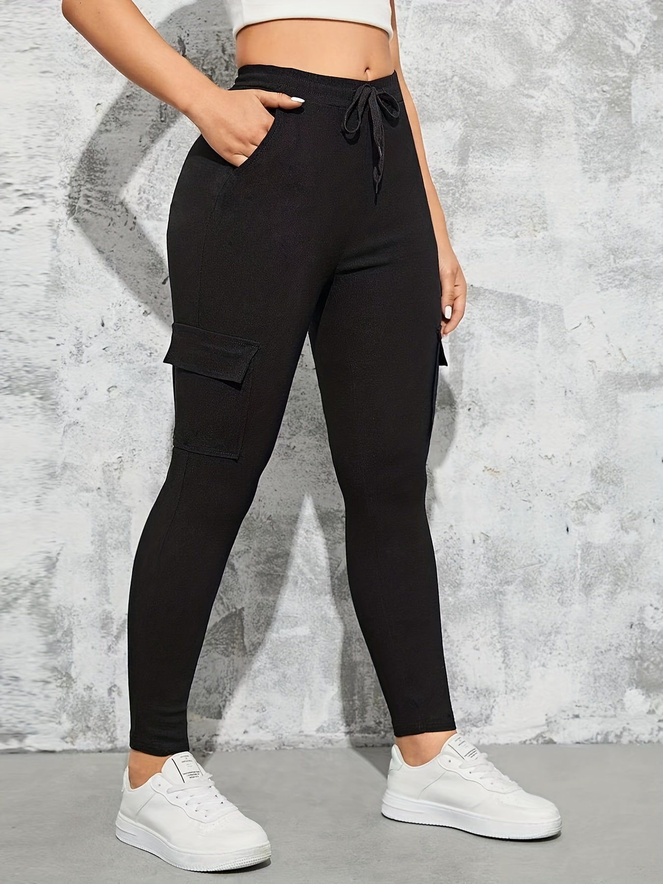 Solid Skinny Pants Drawstring Waist Flap Pocket Casual Pants