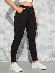 Solid Skinny Pants Drawstring Waist Flap Pocket Casual Pants