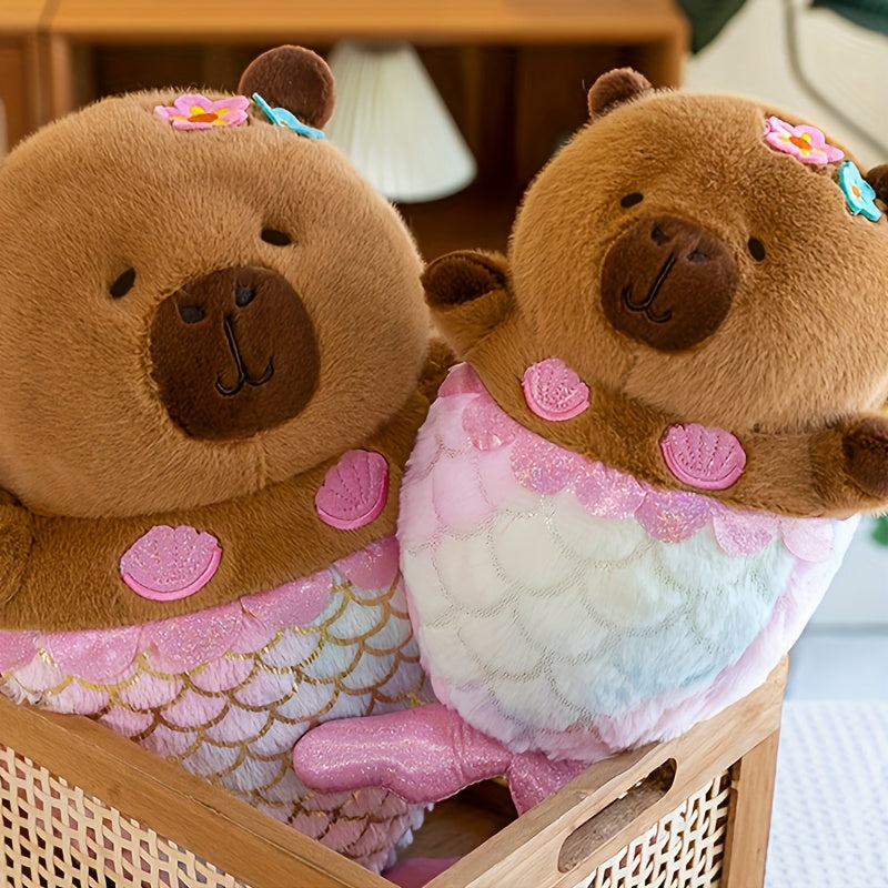 Mermaid Capybara Stuffed Animal with Pink Floral Accents
