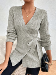 Casual Sweater Solid Long Sleeve Surplice Neck Knot Wrap