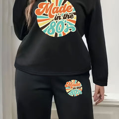 Slogan Print Long Sleeve Fleece Liner Top & Pants Set