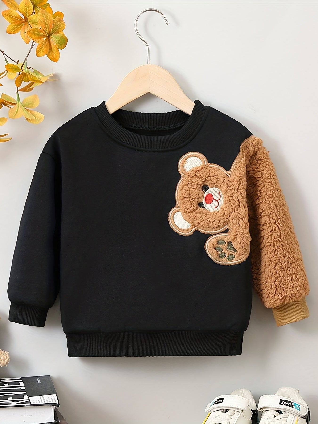 Bear Print Boys Casual Pullover Sweatshirt Long Sleeve Crew Neck Tops