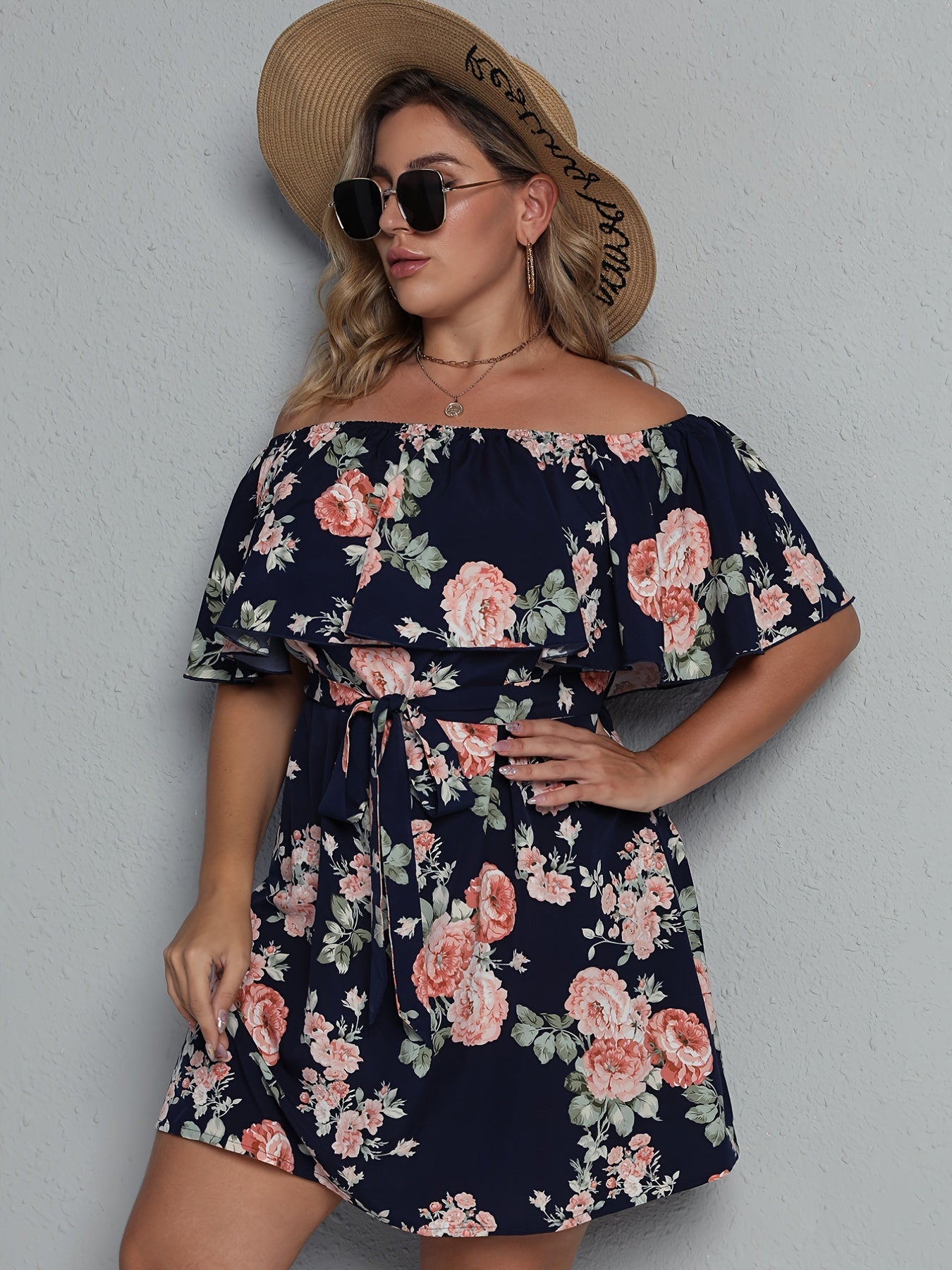 Floral Off Shoulder Plus Size Dress