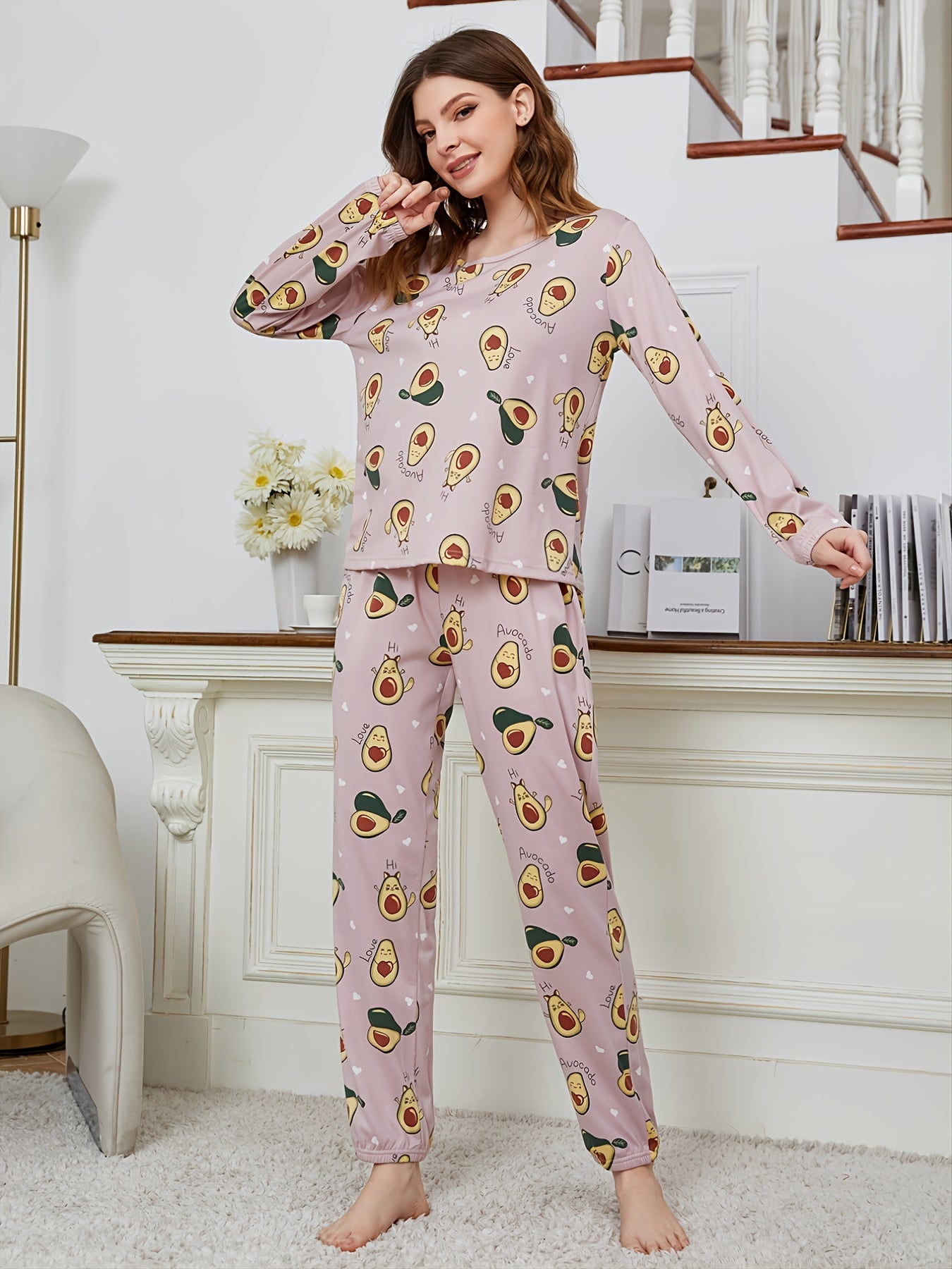 Cartoon Avocado Pattern Pajama Set Long Sleeve Round Neck Tops & Pants