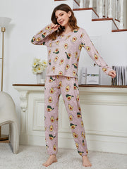 Cartoon Avocado Pattern Pajama Set Long Sleeve Round Neck Tops & Pants