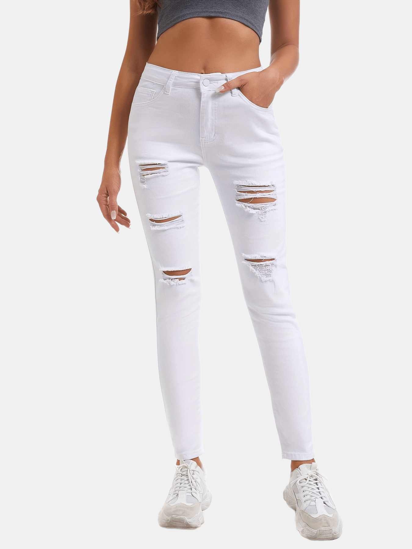 Ripped Holes Skinny Jeans Slim Fit Slash Pockets Slight Stretch Casual Denim Pan