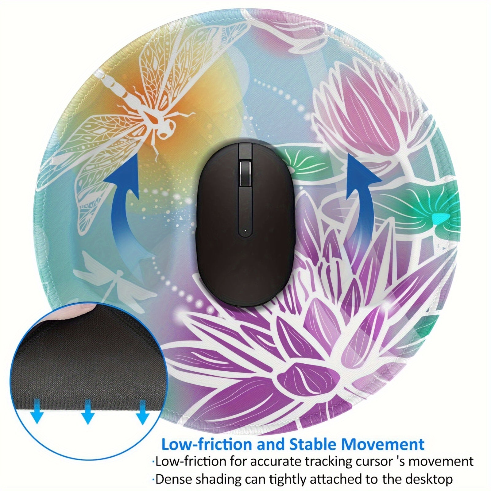 Dragonfly And Lotus Pattern Circular Stitched Edge Mousepad