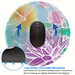 Dragonfly And Lotus Pattern Circular Stitched Edge Mousepad
