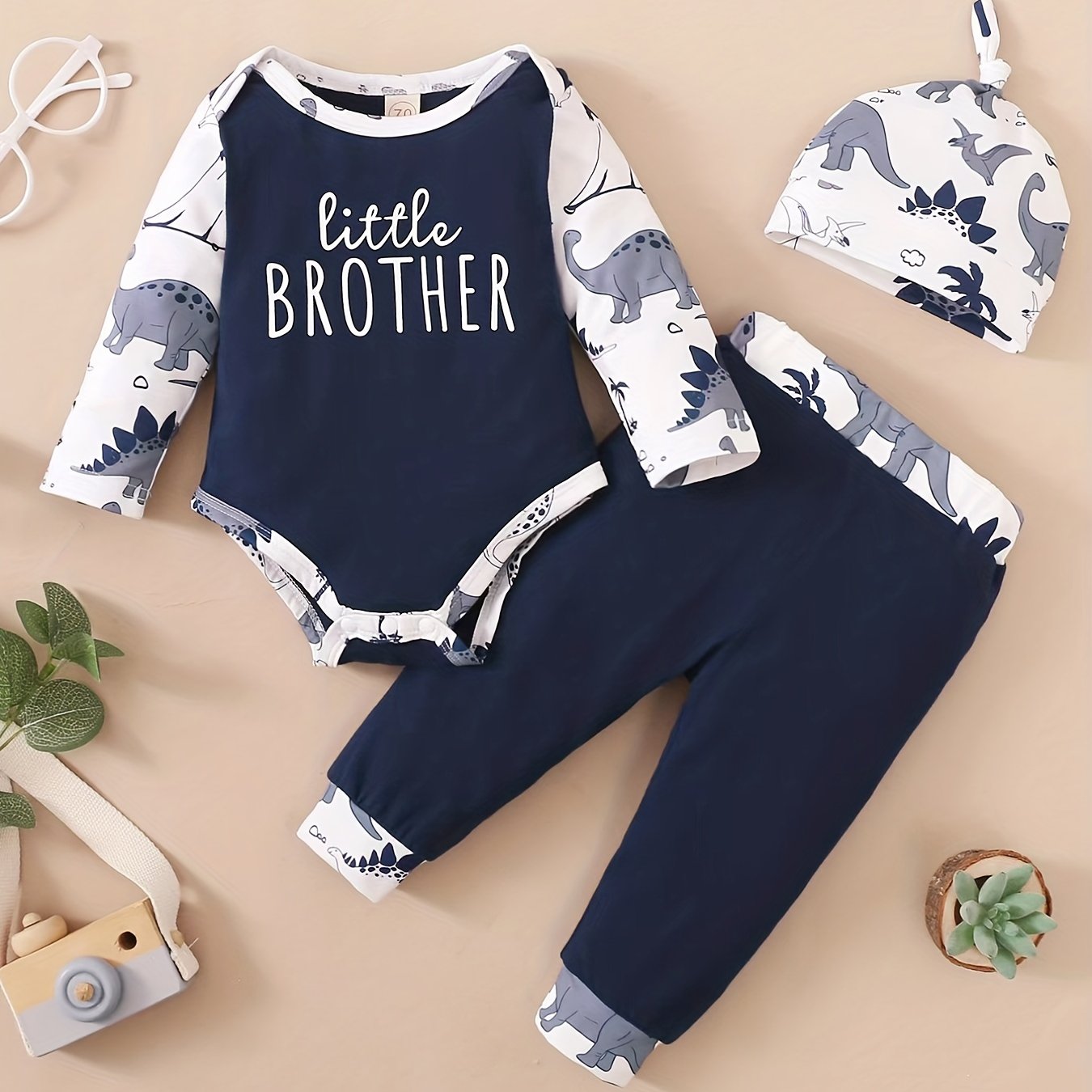 Baby Boy's Cotton Casual 3pc Set Dinosaur Print Romper Trousers Hat