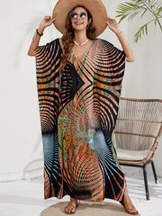 Boho Cover Up Plus Size Women's Batwing Sleeve V Neck Beach Cover Up Dress