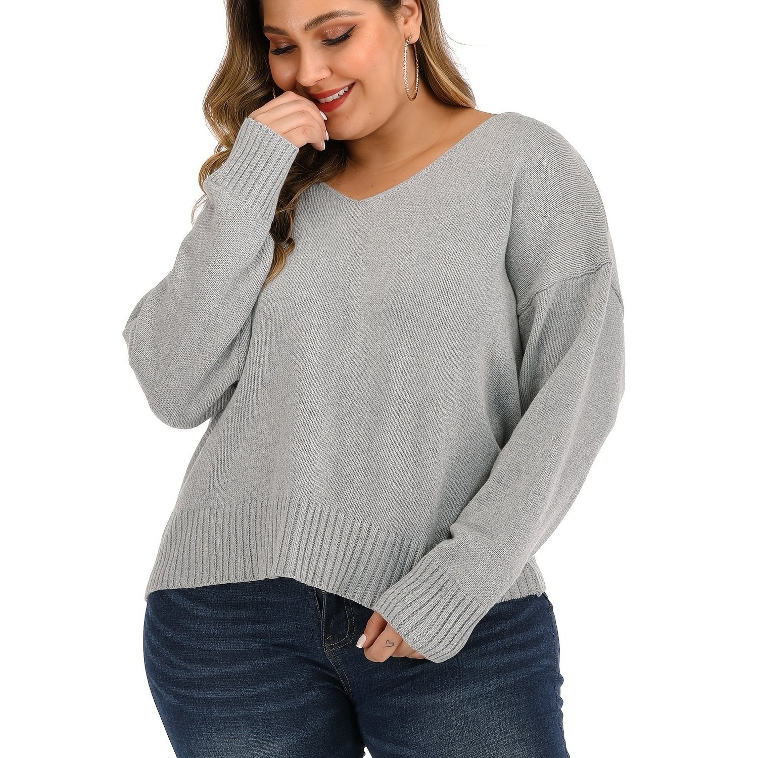 Solid V Neck Pullover Sweater Women's Plus Casual Sweater