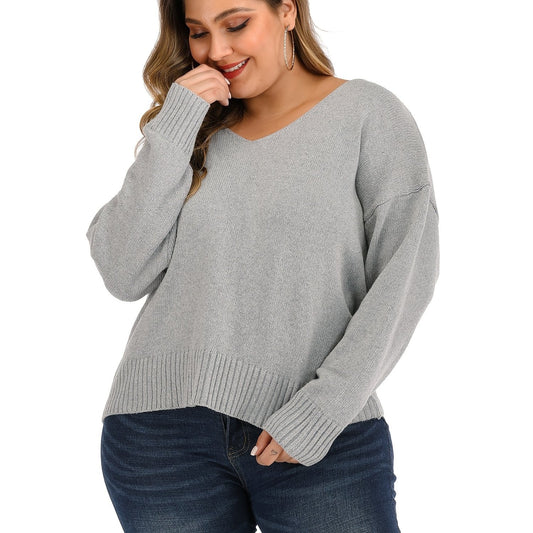 Solid V Neck Pullover Sweater Women's Plus Casual Sweater