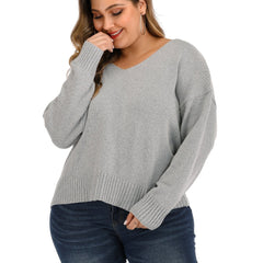 Solid V Neck Pullover Sweater Women's Plus Casual Sweater