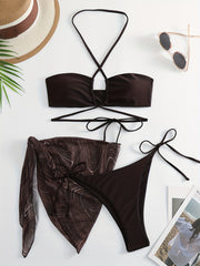 Lace Up Bikini Set & Print Cover Up Wrap