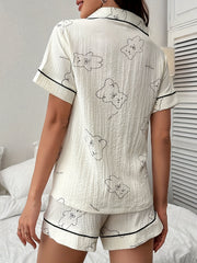 Bear Print Pajama Set Short Sleeve Buttons Top & Elastic Waistband Shorts