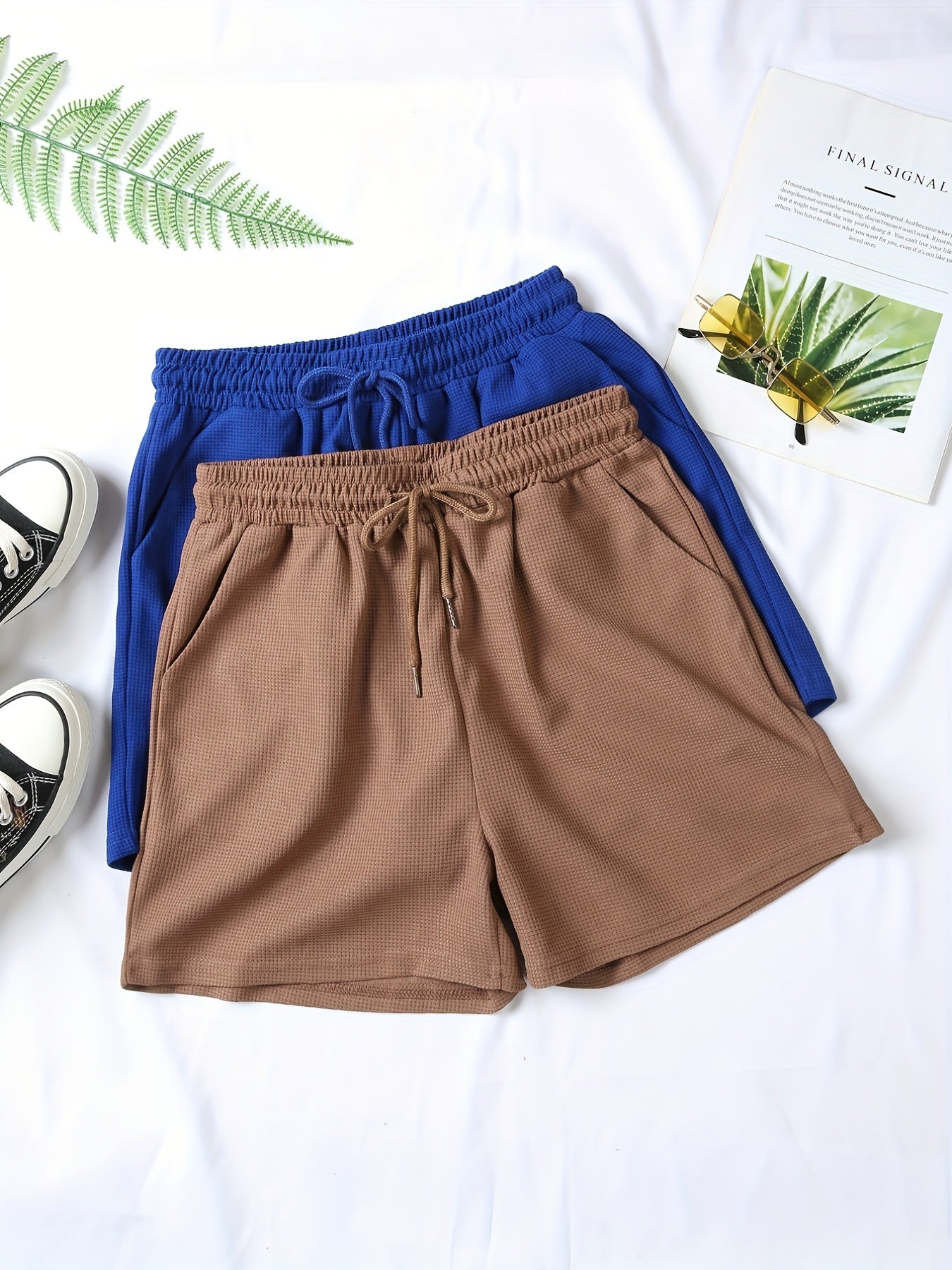2 Pc Solid Sports Shorts With Pockets Set for Women