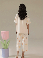 Floral Print Pajamas Set Short Sleeve Crew Neck Top & Crop Pants