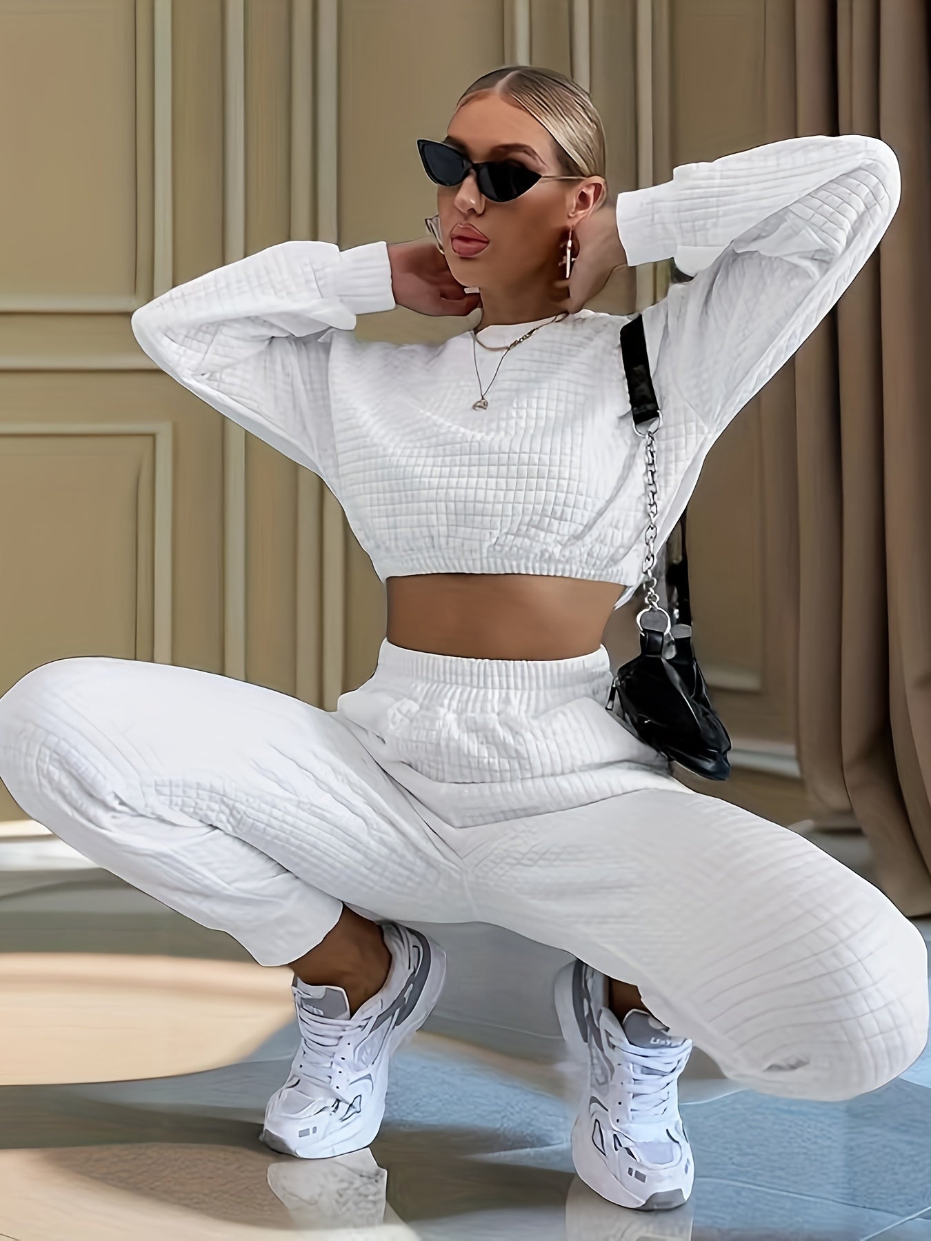 Waffle Solid Lounge Set Long Sleeve Top & Pants Women's Loungewear