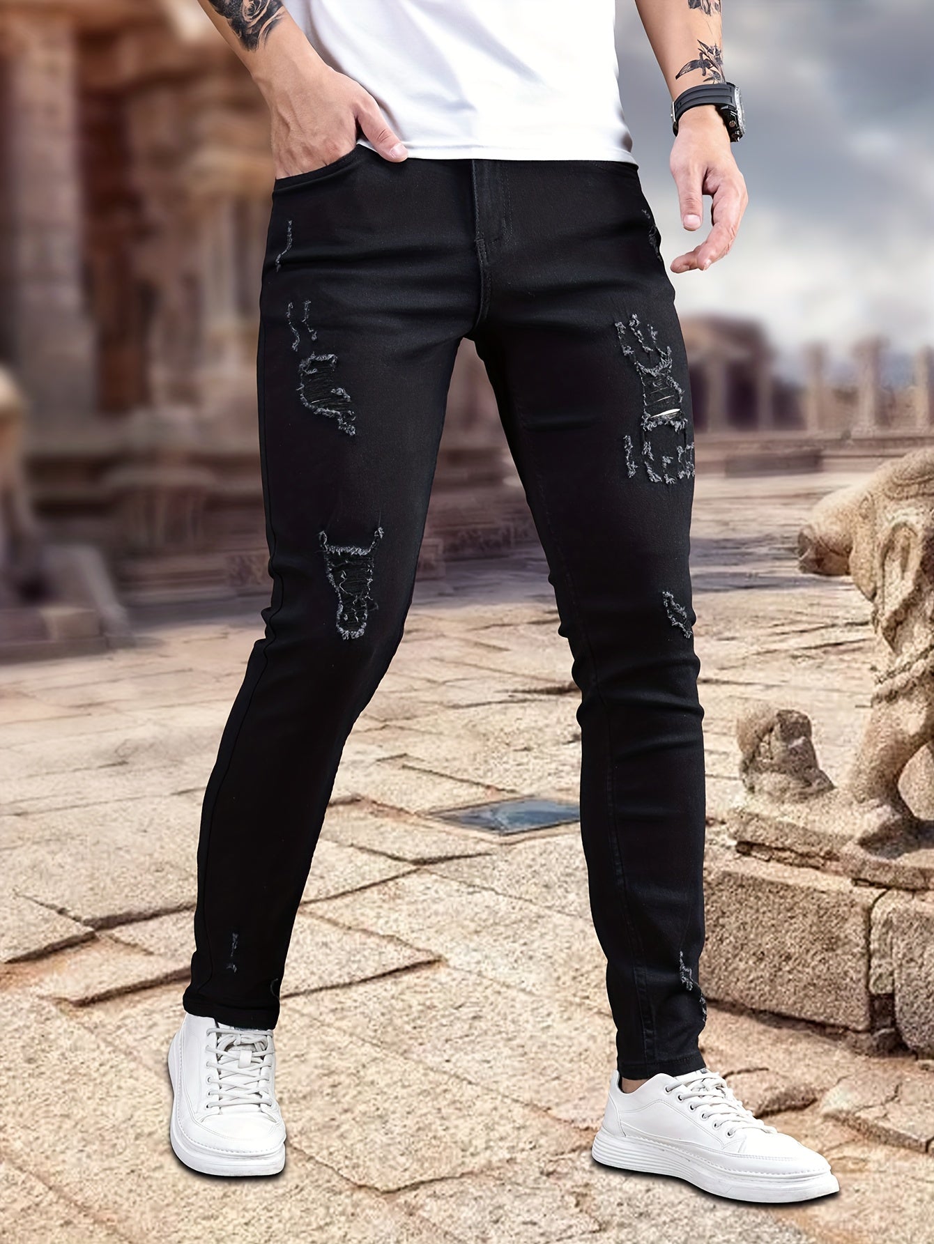 Slim Fit Ripped Jeans Mens Distressed Stretch Denim