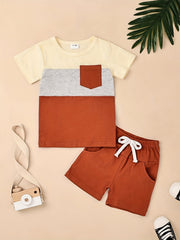 2pcs Baby Boys Block Pocket Patched T shirt & Shorts Set Clothes