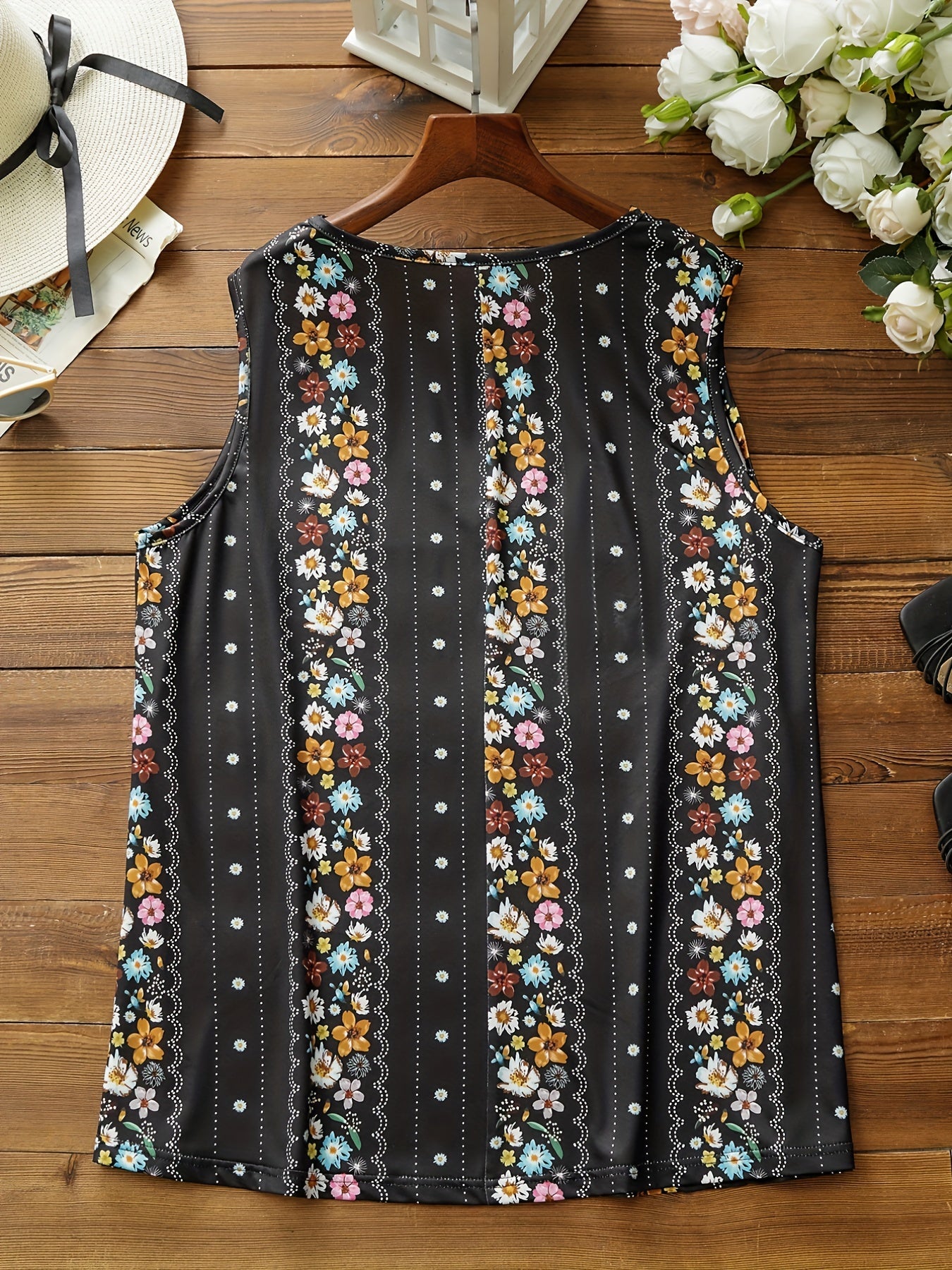 Floral & Stripe Print V Neck Tank Top