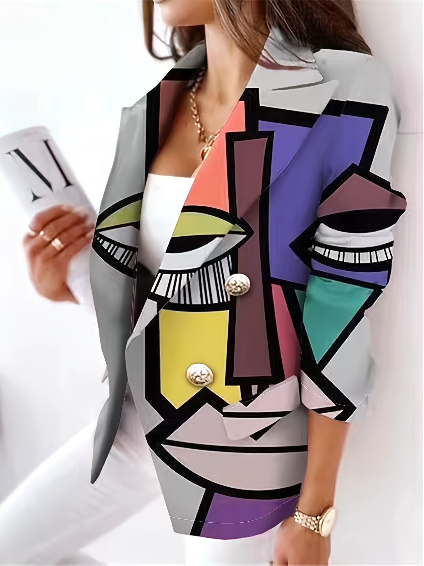 Cartoon Print Double Breasted Blazer Casual Lapel Long Sleeve Blazer