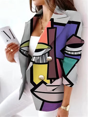 Cartoon Print Double Breasted Blazer Casual Lapel Long Sleeve Blazer