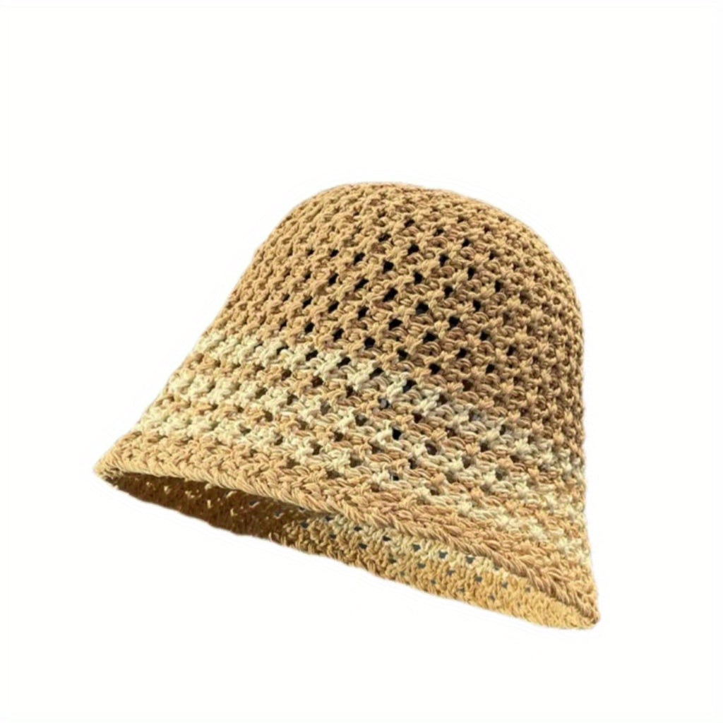 Hollow Crochet Breathable Bucket Hat Straw Cloche Hats Outdoor Travel Beach Hat