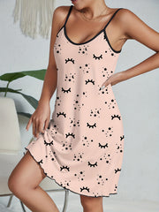 Eyelash Print Nightdress Crew Neck Spaghetti Strap Sleep Dress Women's Sleepwear